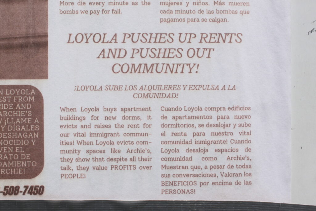Close up of the flyer. "LOYOLA PUSHES UP RENTS AND PUSHES OUT COMMUNITY!"